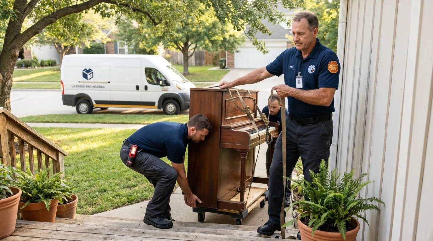 Licensed piano movers securing grand piano in Gainesville, VA