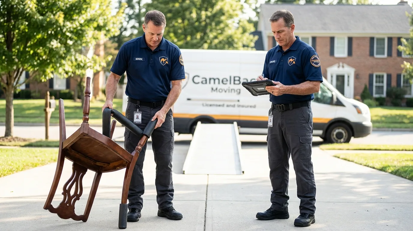 Movers inspecting furniture for damage prevention before loading in Gainesville, VA
